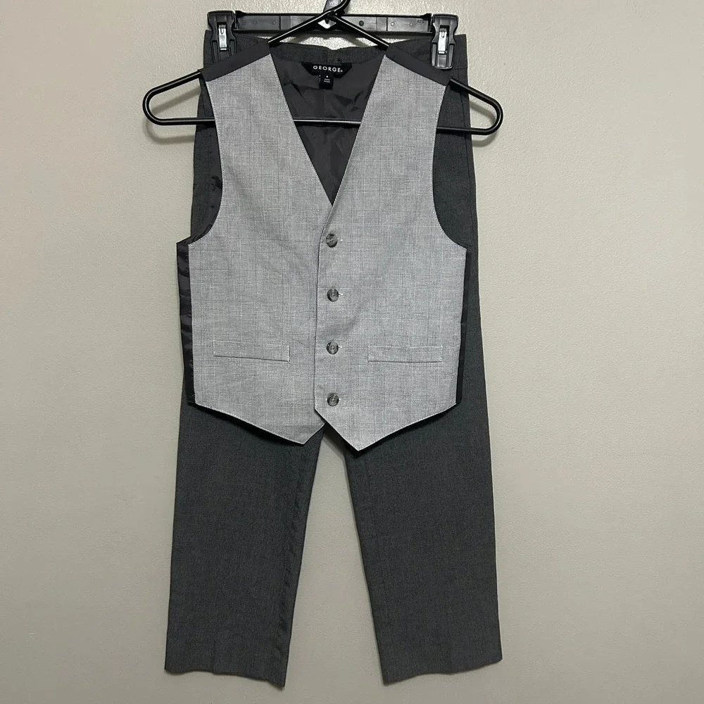George Cat & Jack 2 Piece Vest and Pants Suit Set Kids 8 Grey Glen Plaid Formal